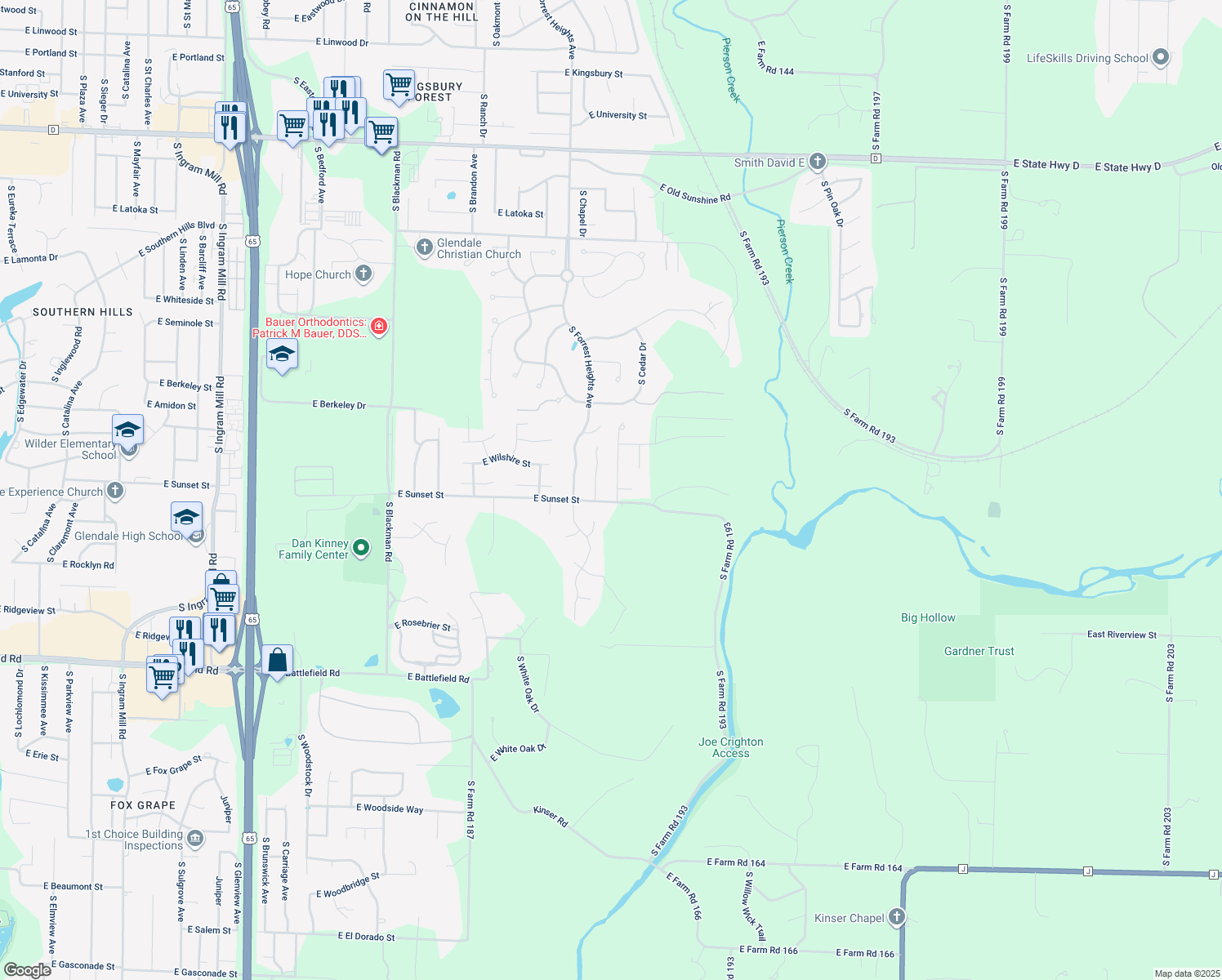 map of restaurants, bars, coffee shops, grocery stores, and more near 2573 South Mumford Avenue in Springfield