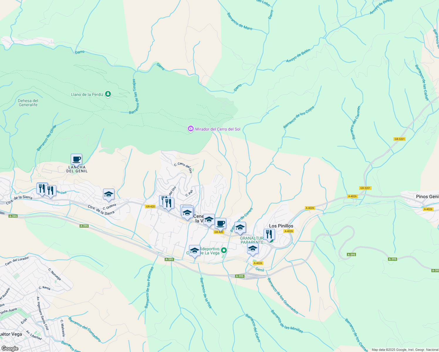 map of restaurants, bars, coffee shops, grocery stores, and more near 99 Calle Vista Blanca in Cenes de la Vega