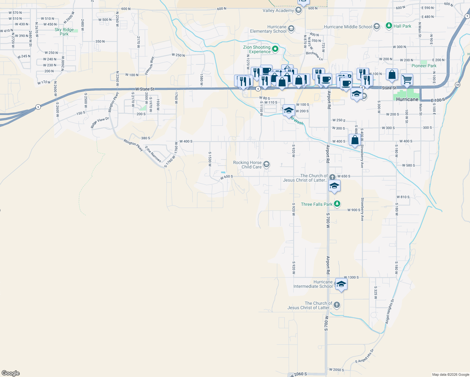 map of restaurants, bars, coffee shops, grocery stores, and more near 729 South 1360 West in Hurricane