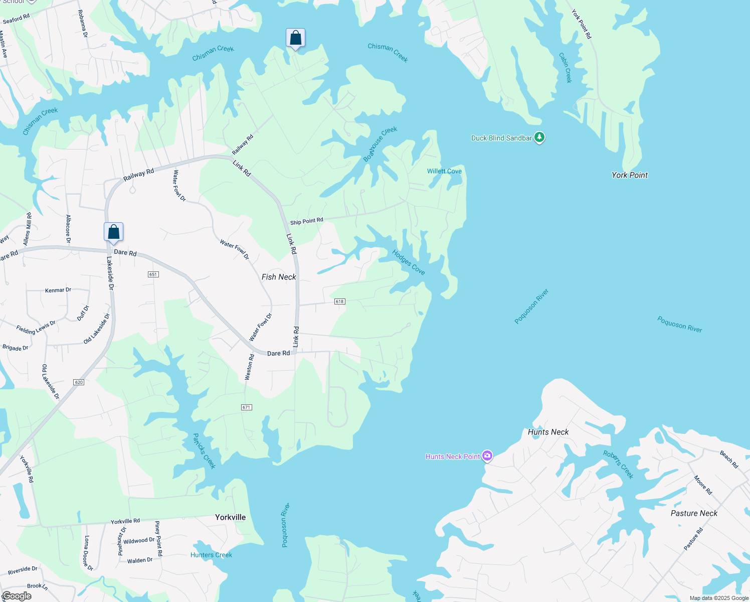 map of restaurants, bars, coffee shops, grocery stores, and more near 309 Hodges Cove Road in Yorktown