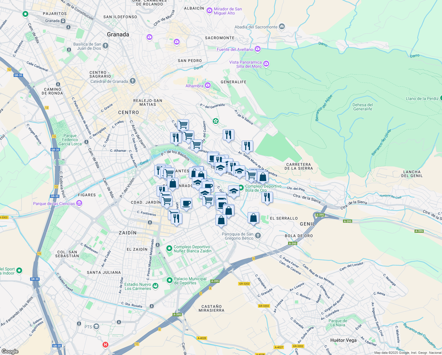 map of restaurants, bars, coffee shops, grocery stores, and more near 8 Calle Laguna de las Yeguas in Granada
