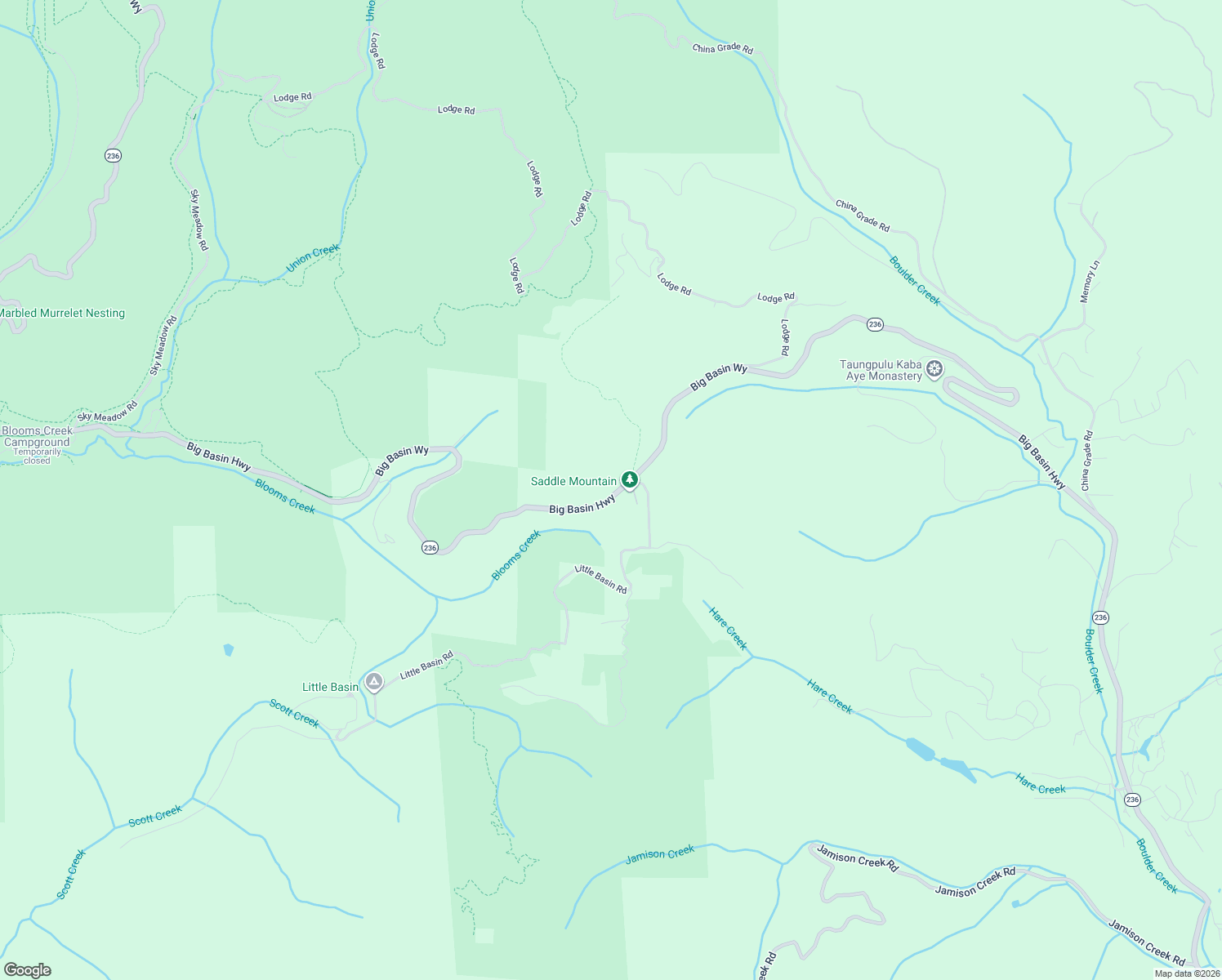 map of restaurants, bars, coffee shops, grocery stores, and more near 20200 Big Basin Way in Boulder Creek