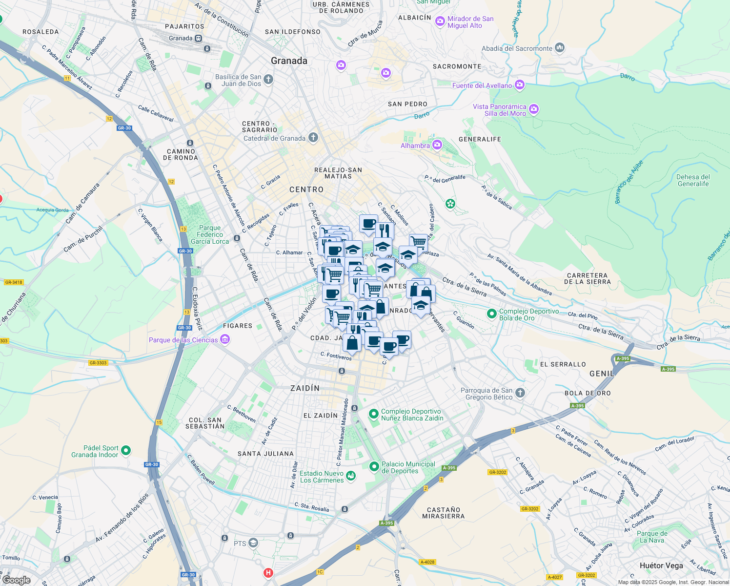 map of restaurants, bars, coffee shops, grocery stores, and more near 11 Calle Poeta Manuel Gongora in Granada
