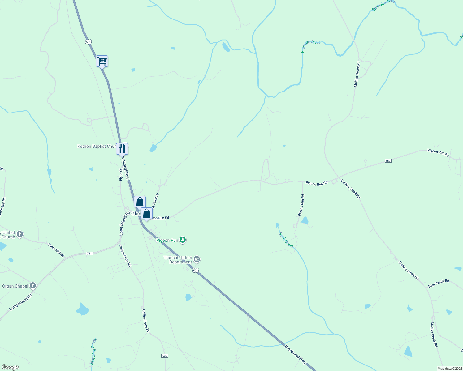 map of restaurants, bars, coffee shops, grocery stores, and more near 793 Pigeon Run Road in Gladys