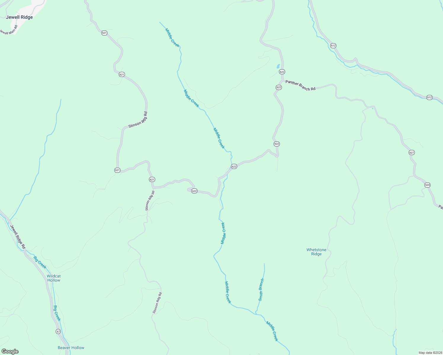 map of restaurants, bars, coffee shops, grocery stores, and more near Middle Creek Road in Jewell Ridge