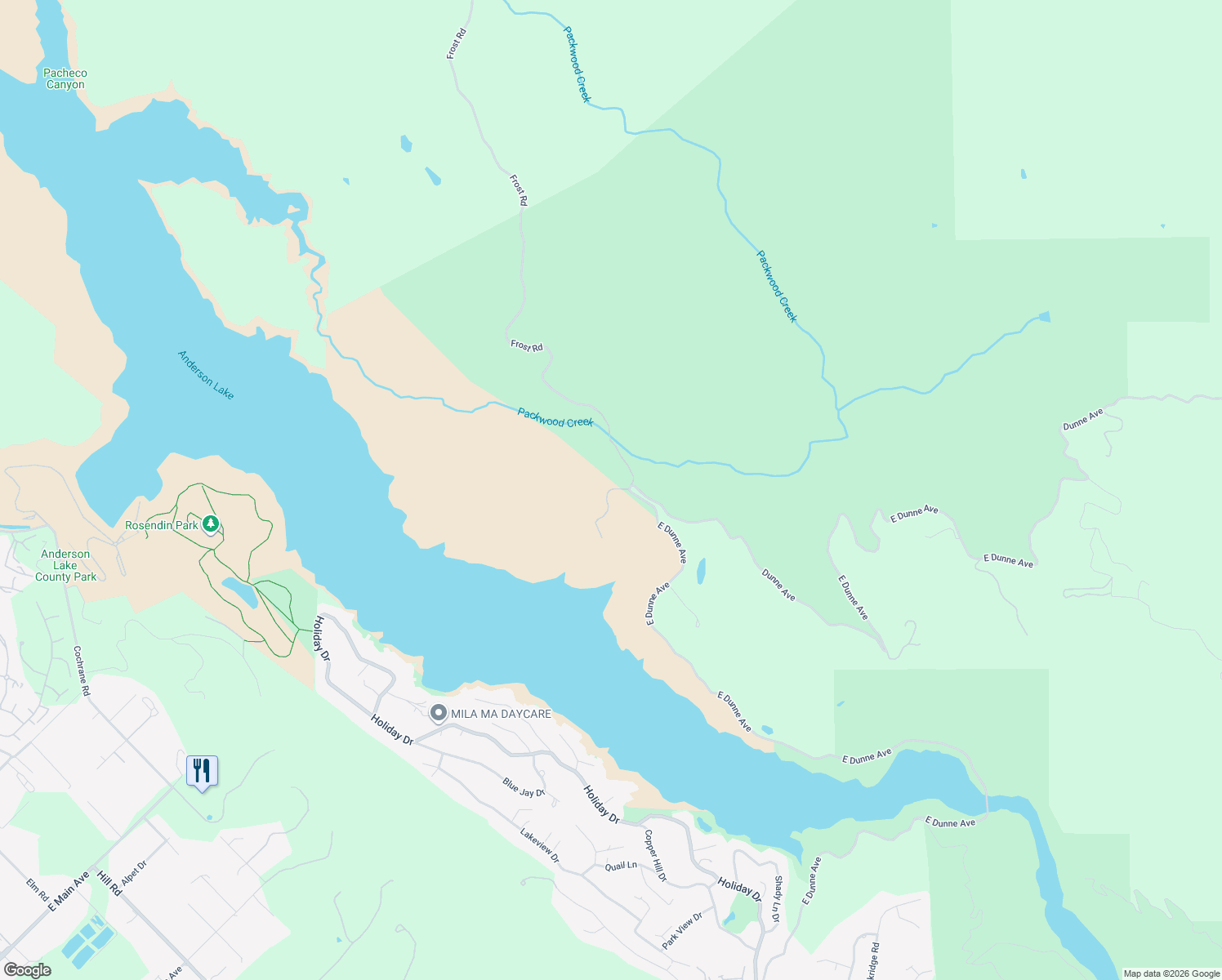 map of restaurants, bars, coffee shops, grocery stores, and more near Frost Road in Morgan Hill