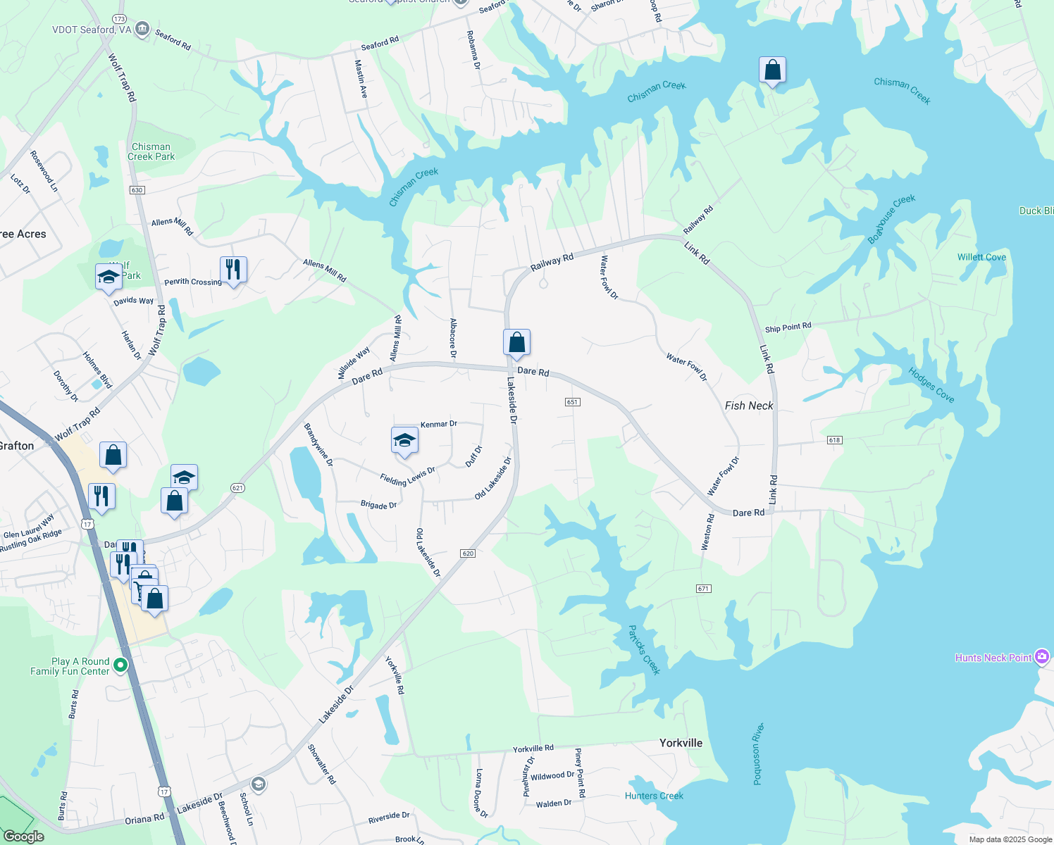 map of restaurants, bars, coffee shops, grocery stores, and more near 2112 Lakeside Dr in Yorktown