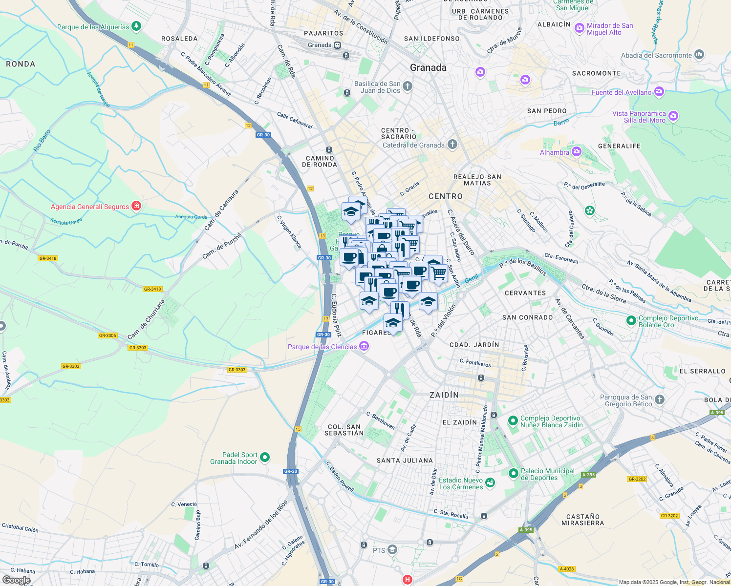 map of restaurants, bars, coffee shops, grocery stores, and more near 4 Calle Doctor Buenaventura Carreras in Granada