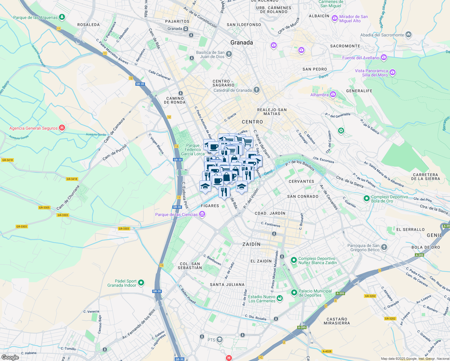 map of restaurants, bars, coffee shops, grocery stores, and more near 7 Calle Agustina de Aragón in Granada