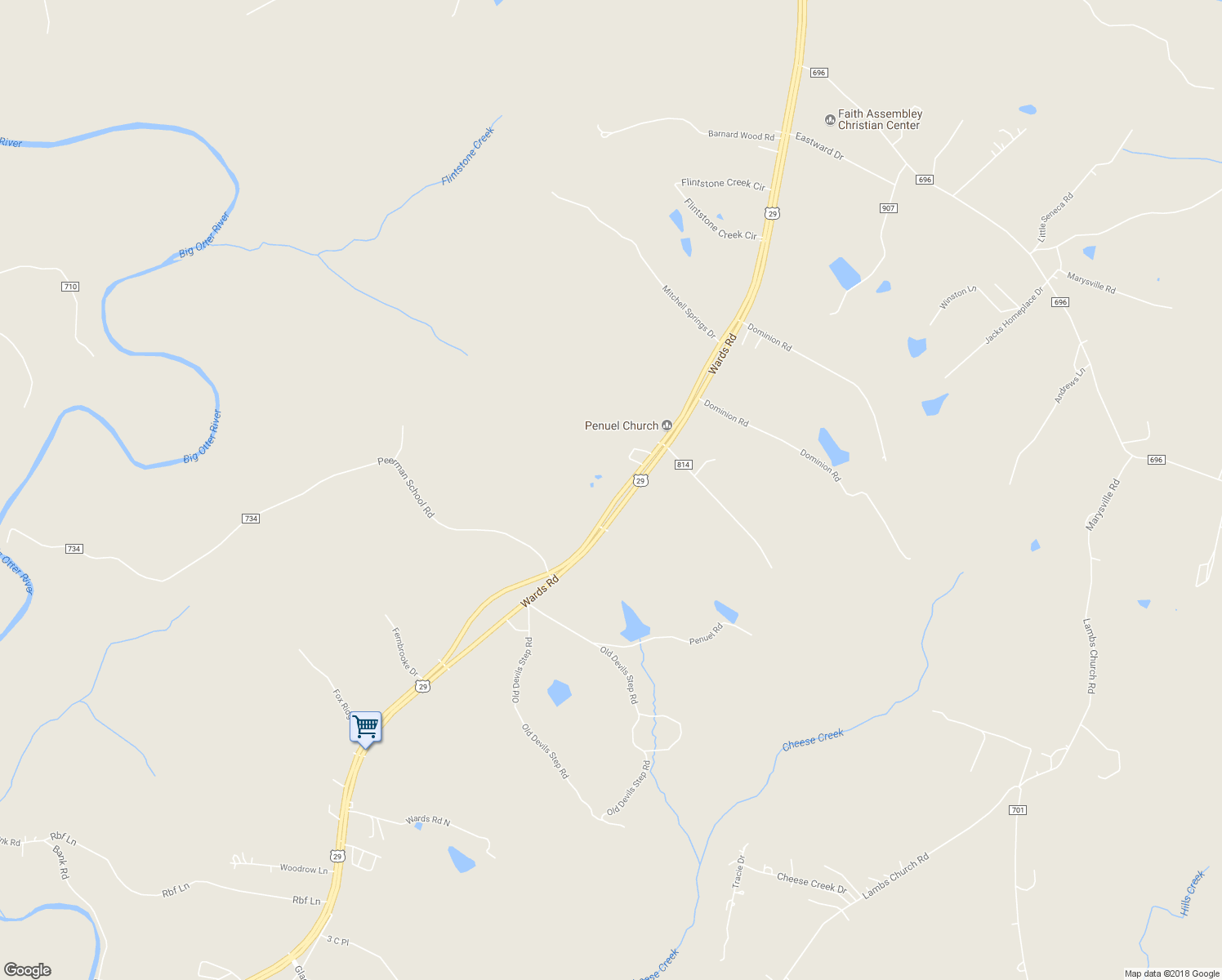 map of restaurants, bars, coffee shops, grocery stores, and more near 2512 Wards Road in Altavista