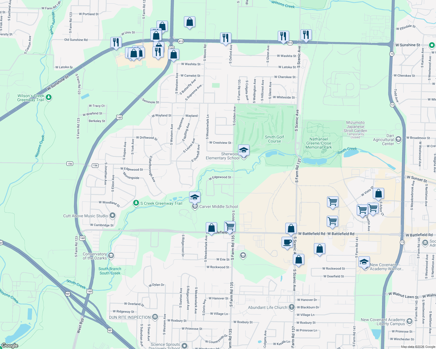 map of restaurants, bars, coffee shops, grocery stores, and more near 3195 West Edgewood Street in Springfield
