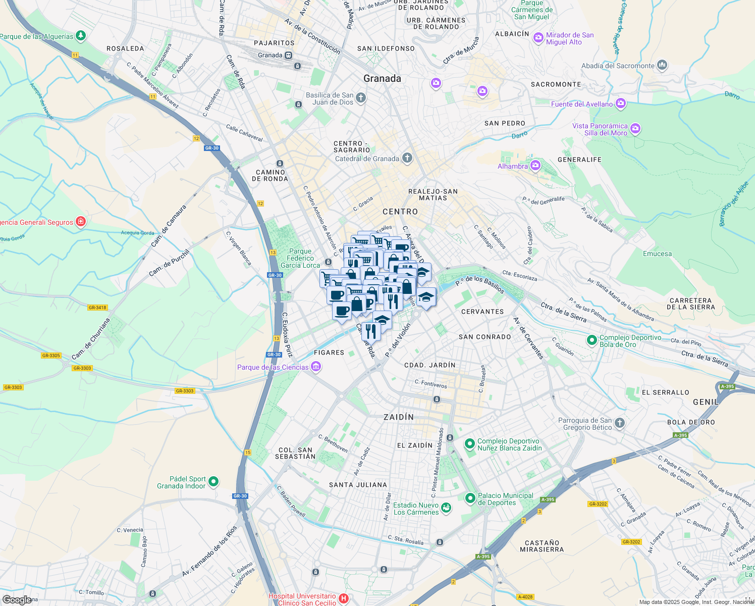 map of restaurants, bars, coffee shops, grocery stores, and more near 2 Calle Sederos in Granada