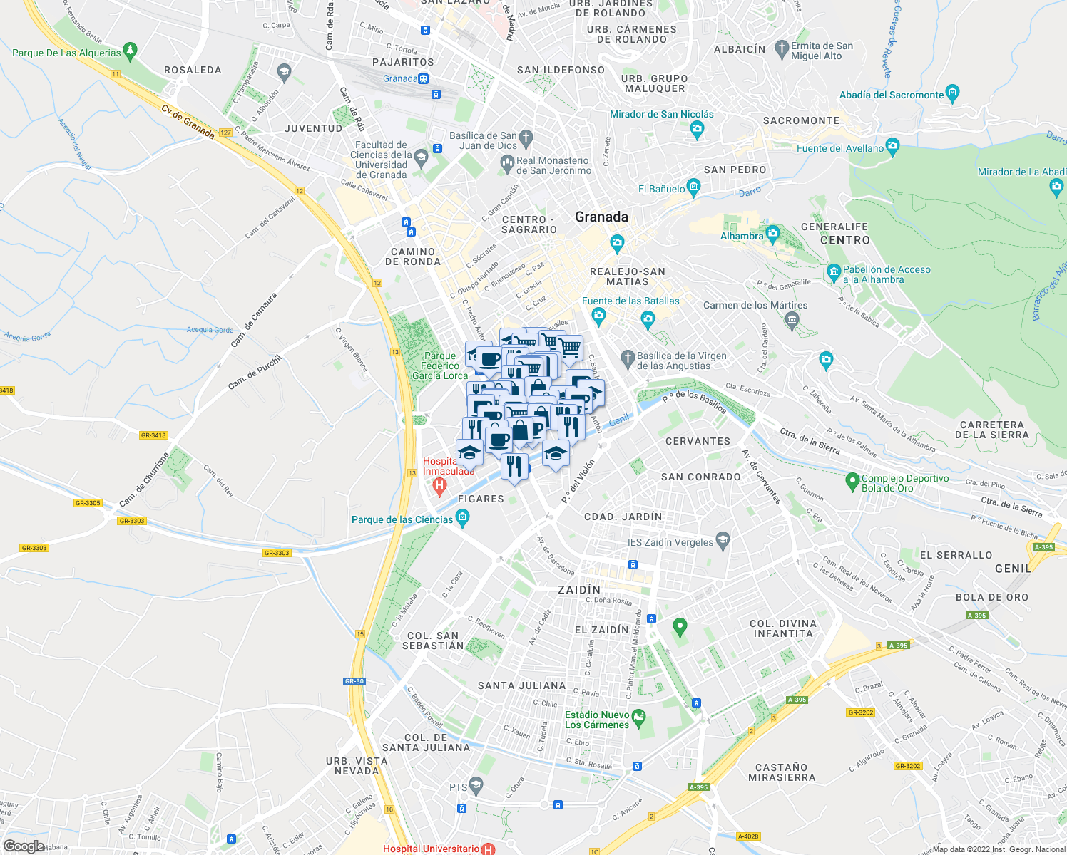 map of restaurants, bars, coffee shops, grocery stores, and more near 7 Calle Agustina de Aragón in Granada