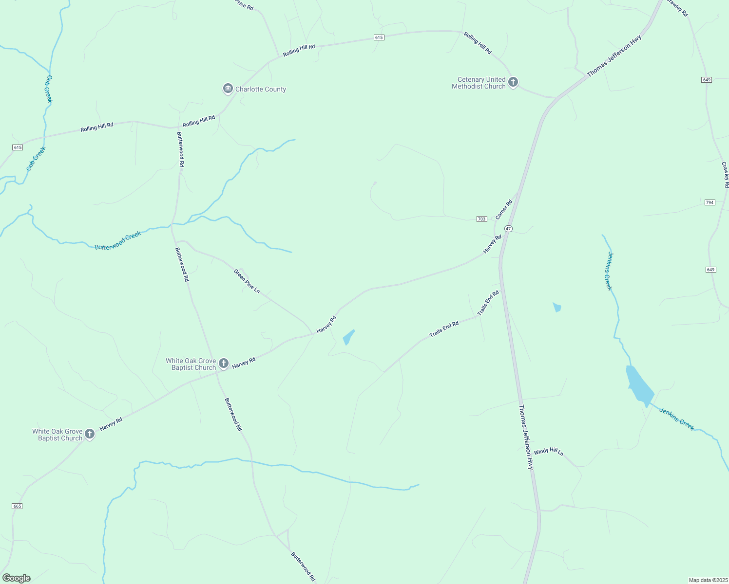 map of restaurants, bars, coffee shops, grocery stores, and more near Harvey Road in Charlotte Court House