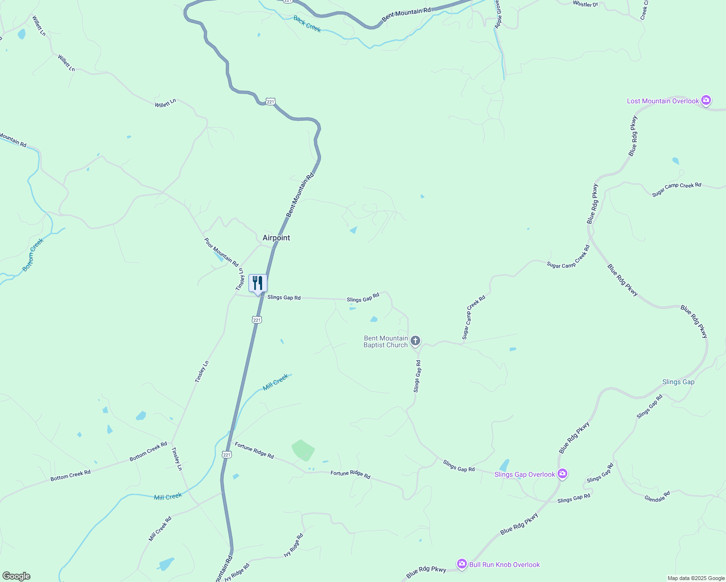 map of restaurants, bars, coffee shops, grocery stores, and more near 9850 Slings Gap Road in Bent Mountain