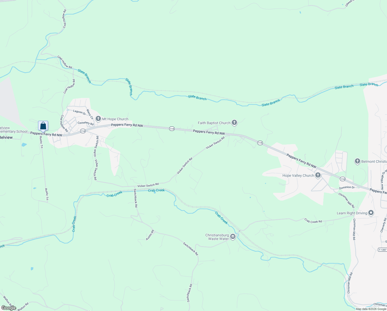 map of restaurants, bars, coffee shops, grocery stores, and more near 2734 Vicker Switch Road in Christiansburg
