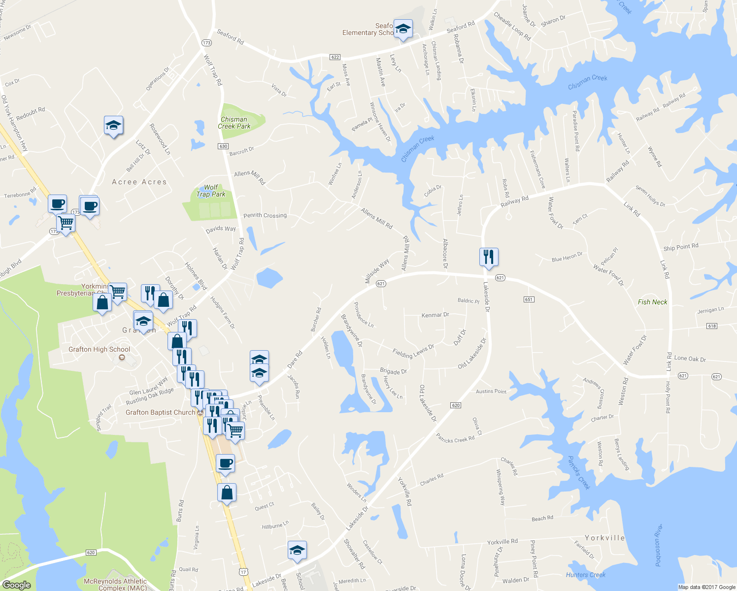 map of restaurants, bars, coffee shops, grocery stores, and more near 433 Dare Road in Yorktown