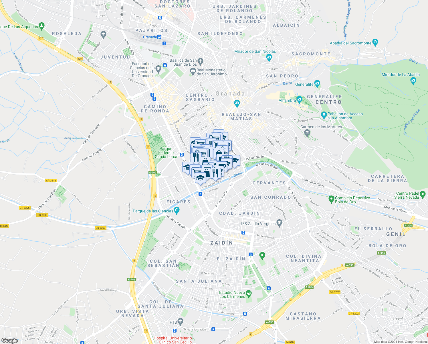 map of restaurants, bars, coffee shops, grocery stores, and more near 6 Calle San Francisco de Asís in Granada