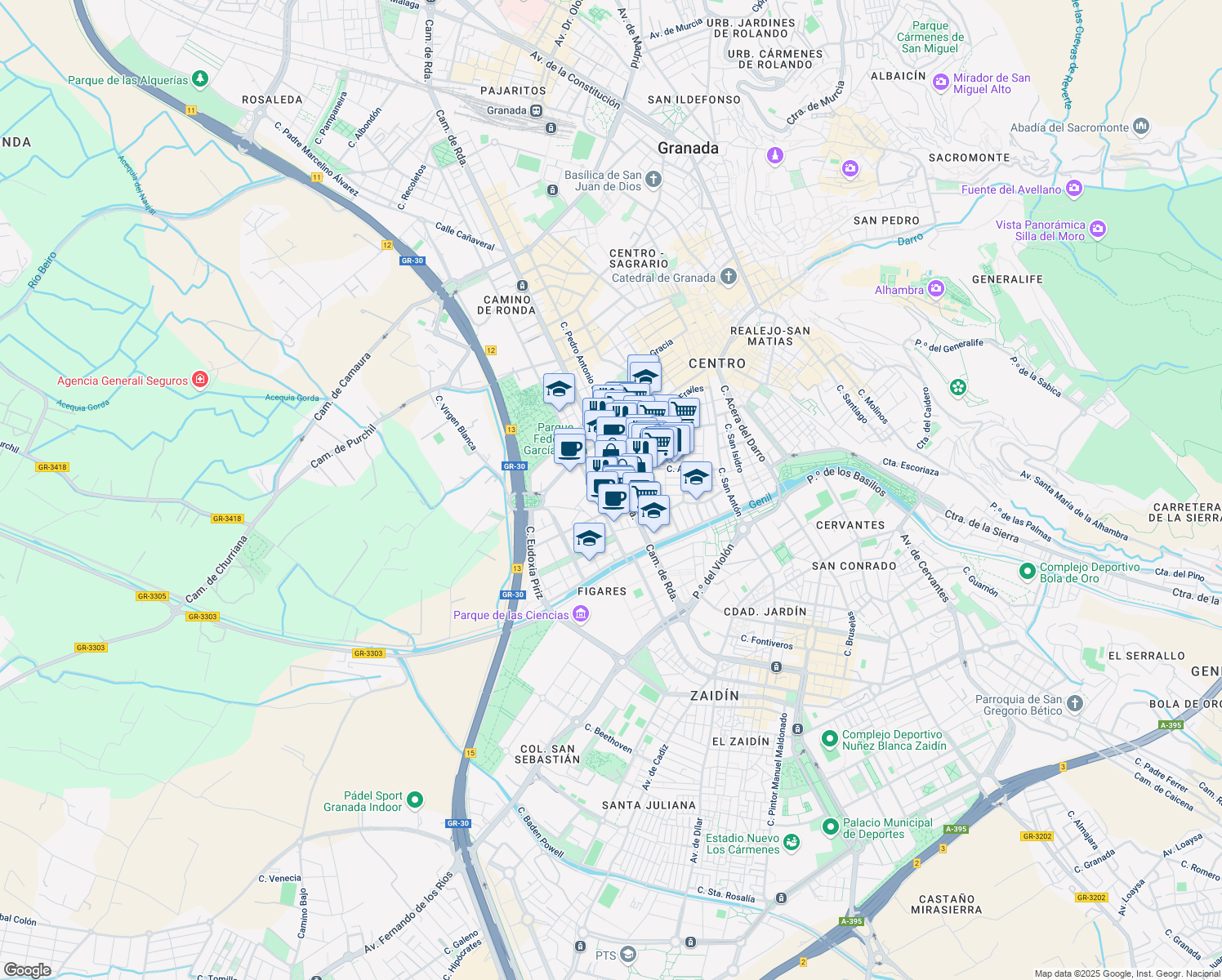 map of restaurants, bars, coffee shops, grocery stores, and more near 58 Paseo Ronda in Granada