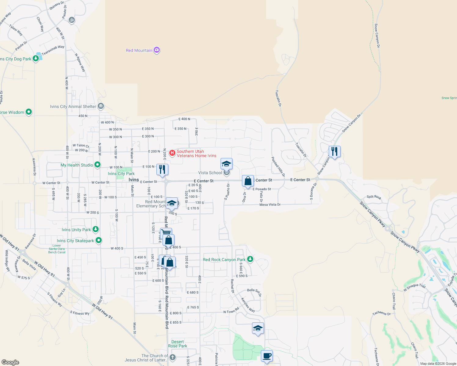 map of restaurants, bars, coffee shops, grocery stores, and more near 17 South Puerto Drive in Ivins