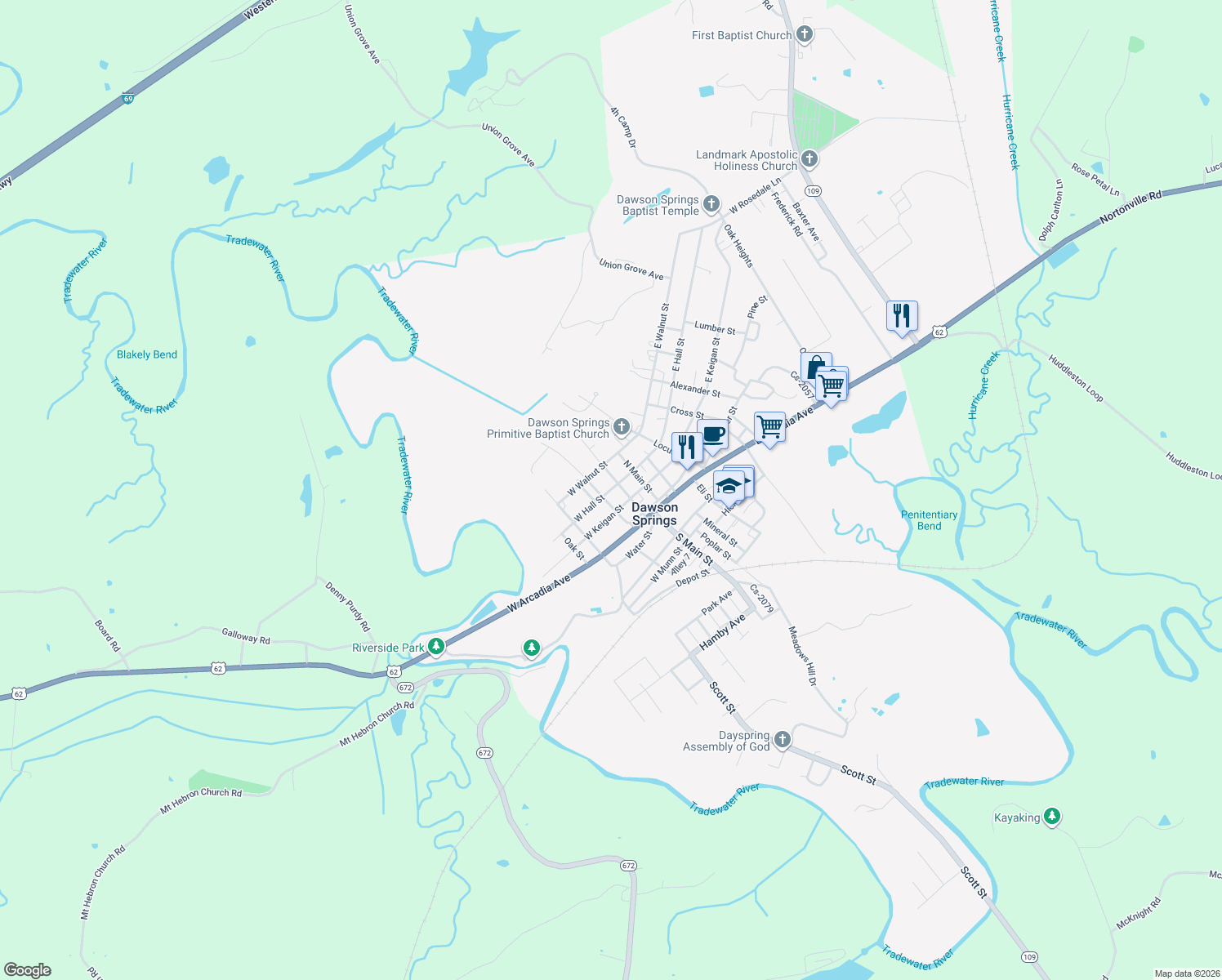 map of restaurants, bars, coffee shops, grocery stores, and more near 258 W Hall St in Dawson Springs