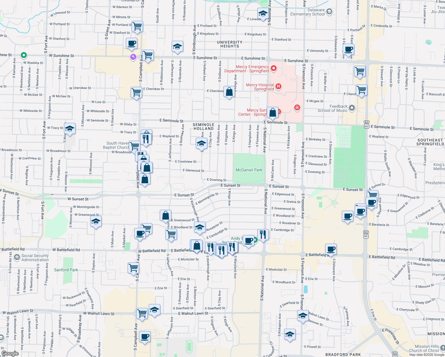 map of restaurants, bars, coffee shops, grocery stores, and more near 2531 South Virginia Avenue in Springfield