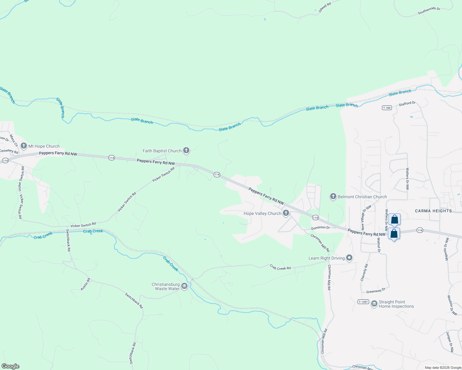 map of restaurants, bars, coffee shops, grocery stores, and more near 1983 Peppers Ferry Rd in Christiansburg