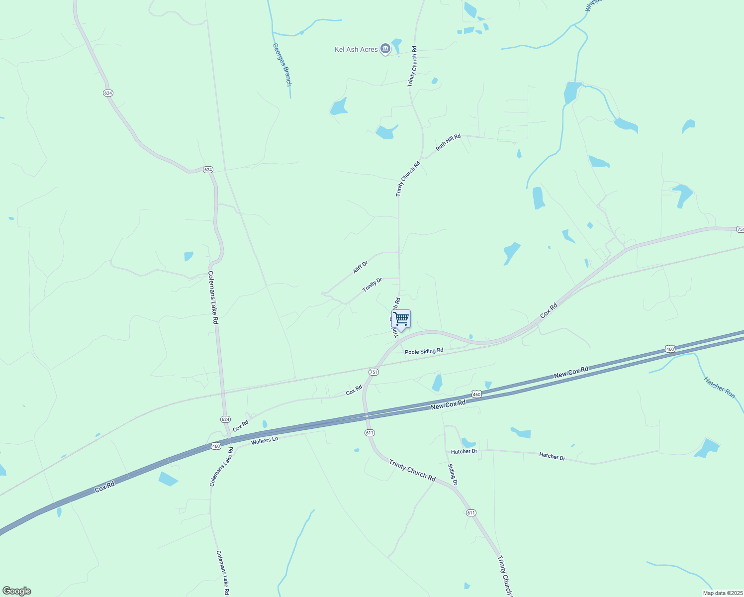 map of restaurants, bars, coffee shops, grocery stores, and more near 12227 Trinity Drive in Church Road
