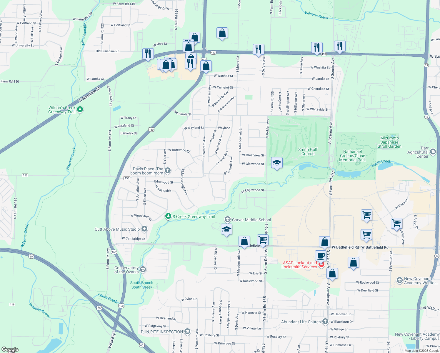 map of restaurants, bars, coffee shops, grocery stores, and more near 3390 West Beechwood Street in Springfield