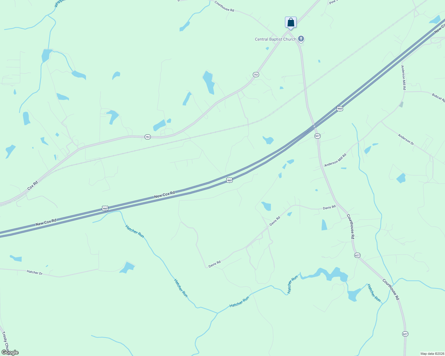 map of restaurants, bars, coffee shops, grocery stores, and more near New Cox Rd in Dinwiddie