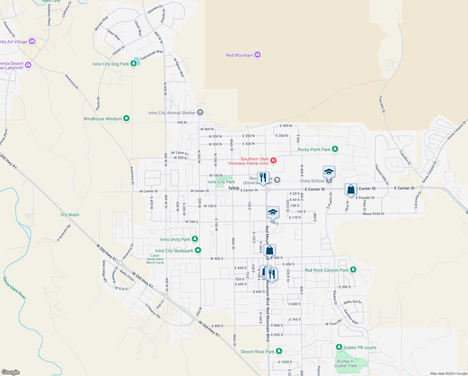 map of restaurants, bars, coffee shops, grocery stores, and more near in Ivins