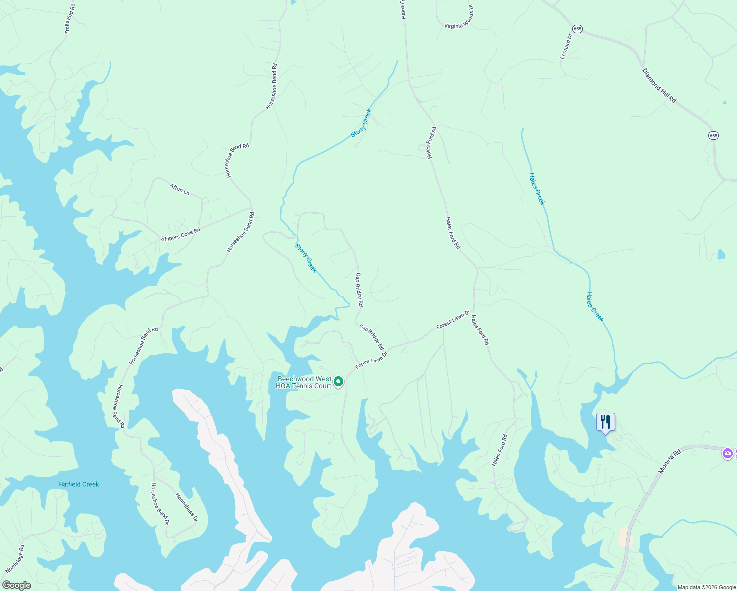 map of restaurants, bars, coffee shops, grocery stores, and more near Alpine Road in Moneta