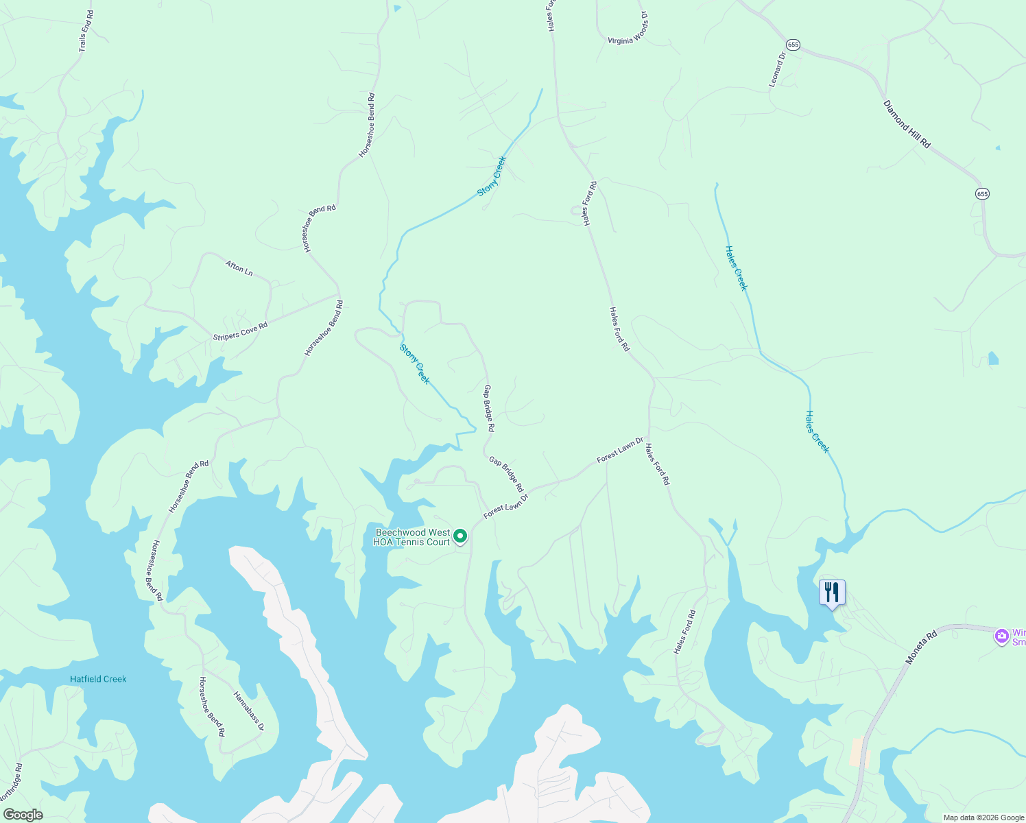 map of restaurants, bars, coffee shops, grocery stores, and more near Alpine Road in Moneta