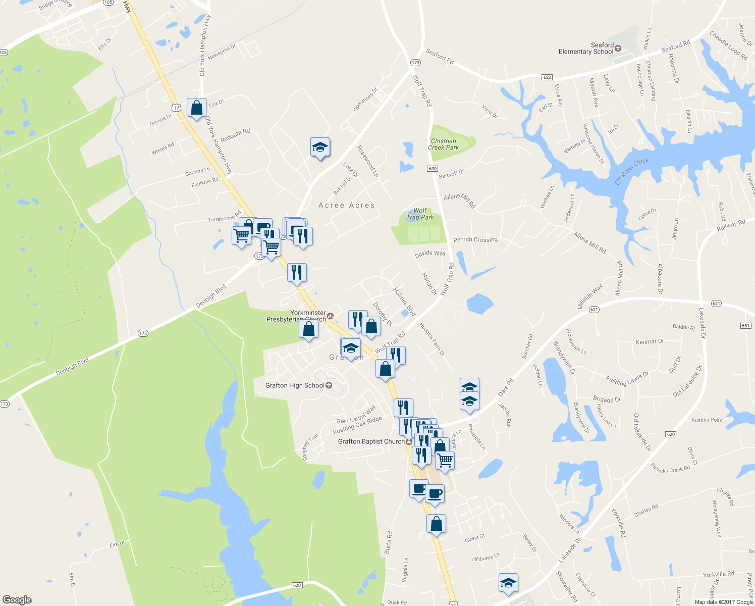 map of restaurants, bars, coffee shops, grocery stores, and more near 306 Dorothy Drive in Yorktown