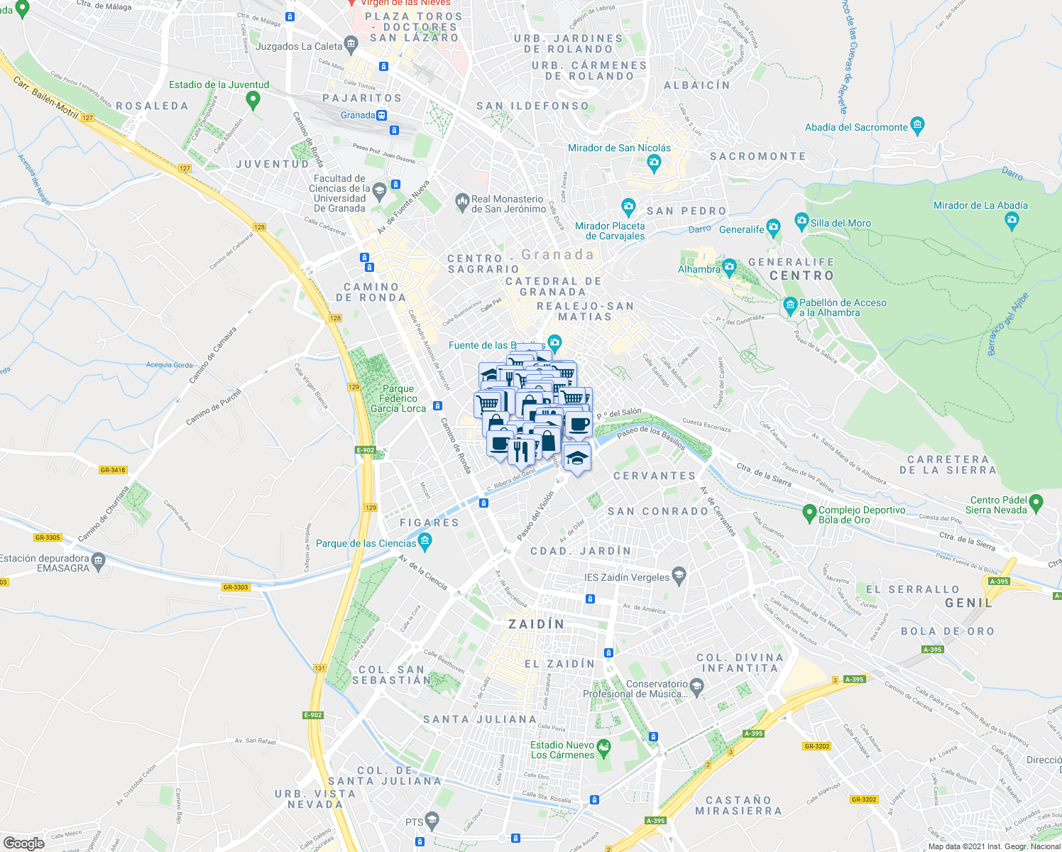 map of restaurants, bars, coffee shops, grocery stores, and more near 4B Calle Marqués de Mondéjar in Granada
