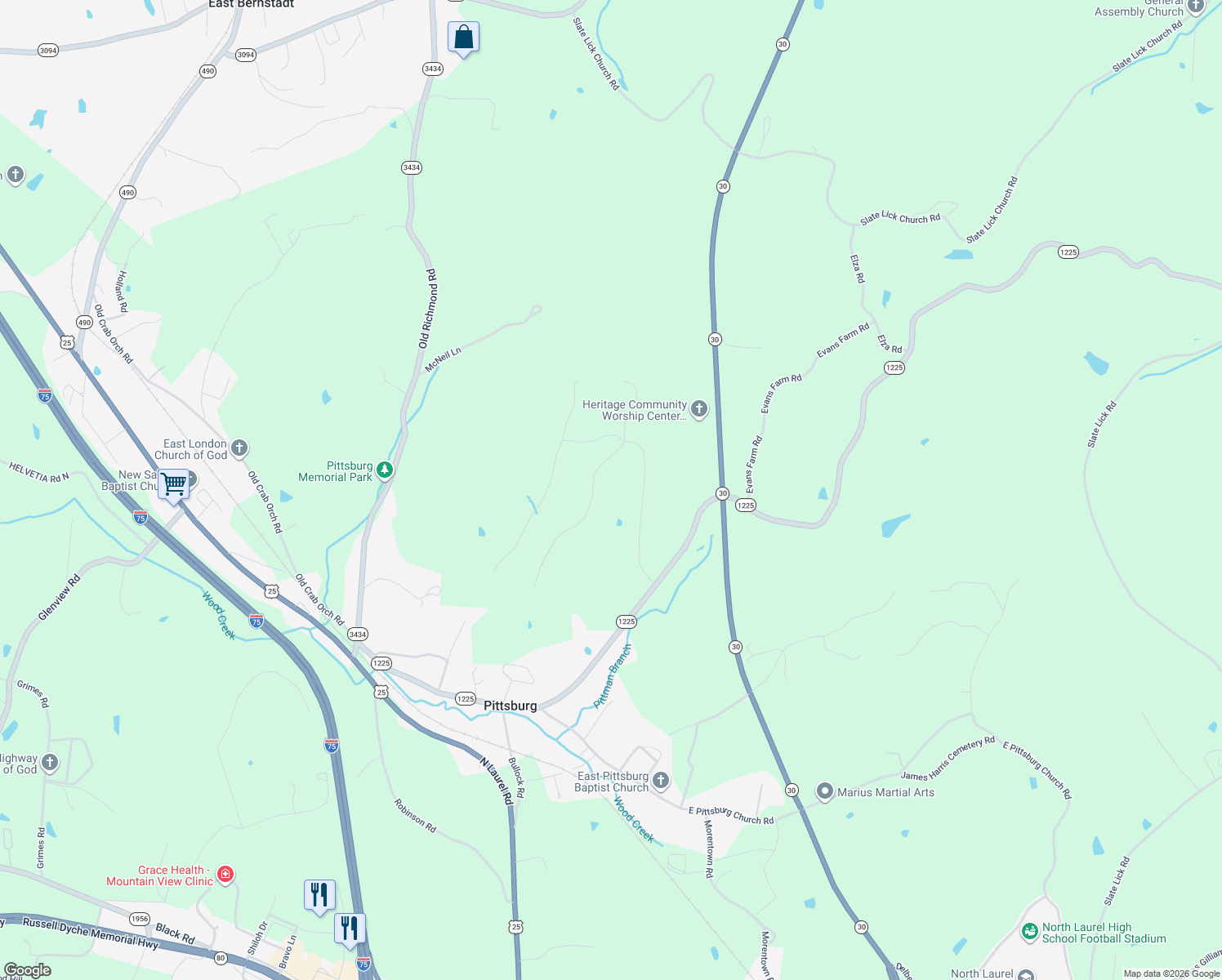 map of restaurants, bars, coffee shops, grocery stores, and more near in Pittsburg