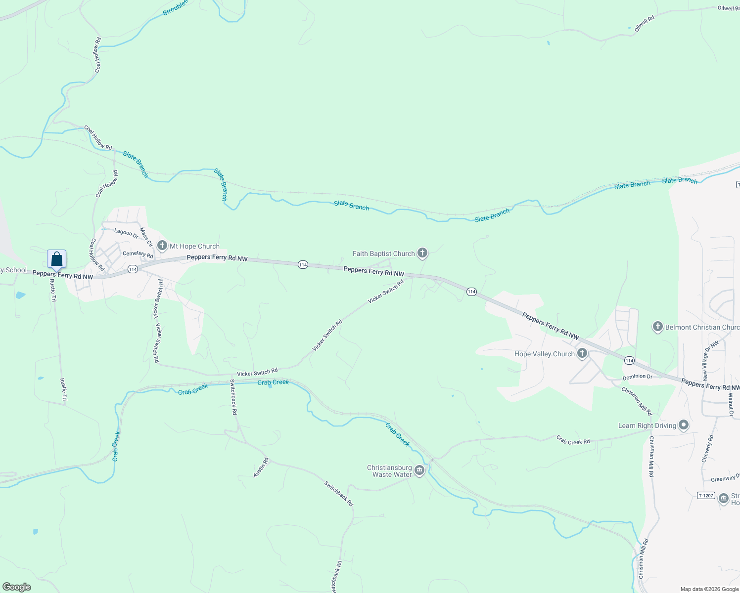 map of restaurants, bars, coffee shops, grocery stores, and more near 2734 Vicker Switch Road in Christiansburg