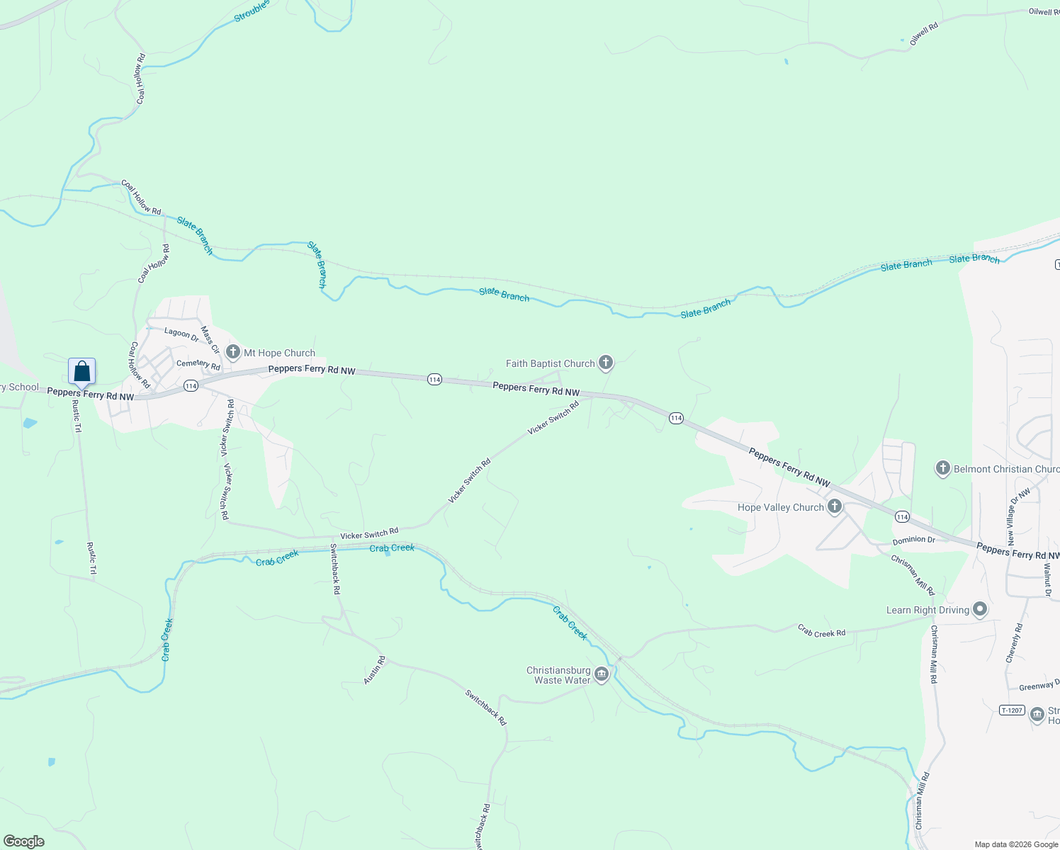 map of restaurants, bars, coffee shops, grocery stores, and more near 2734 Vicker Switch Road in Christiansburg
