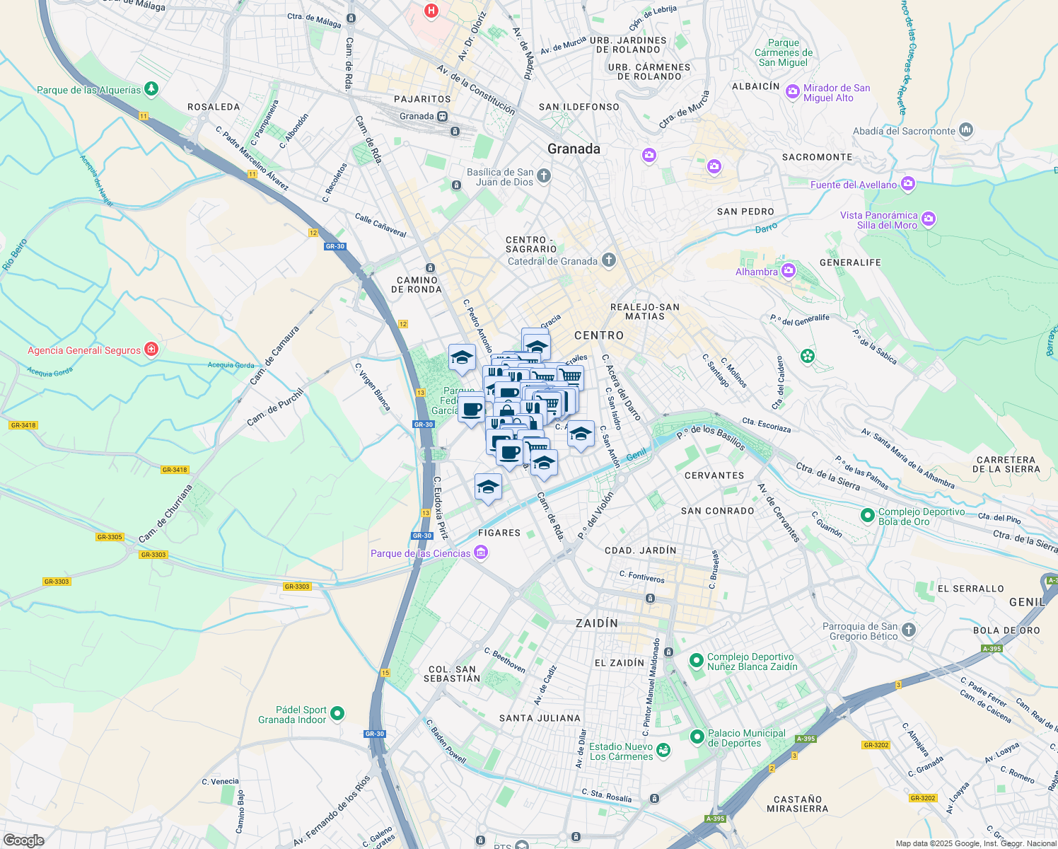 map of restaurants, bars, coffee shops, grocery stores, and more near 46 Calle Alhamar in Granada