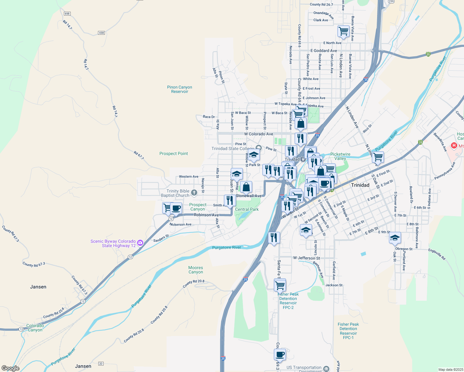 map of restaurants, bars, coffee shops, grocery stores, and more near 799 San Juan St in Trinidad
