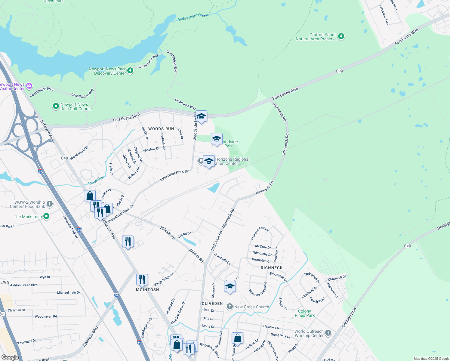 map of restaurants, bars, coffee shops, grocery stores, and more near 829 Wilderness Way in Newport News