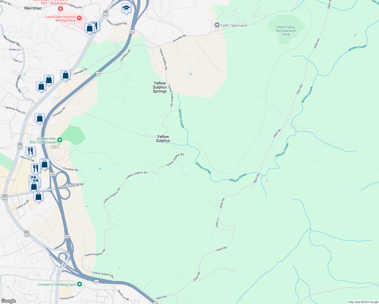 map of restaurants, bars, coffee shops, grocery stores, and more near 2750 Yellow Sulphur Road in Christiansburg