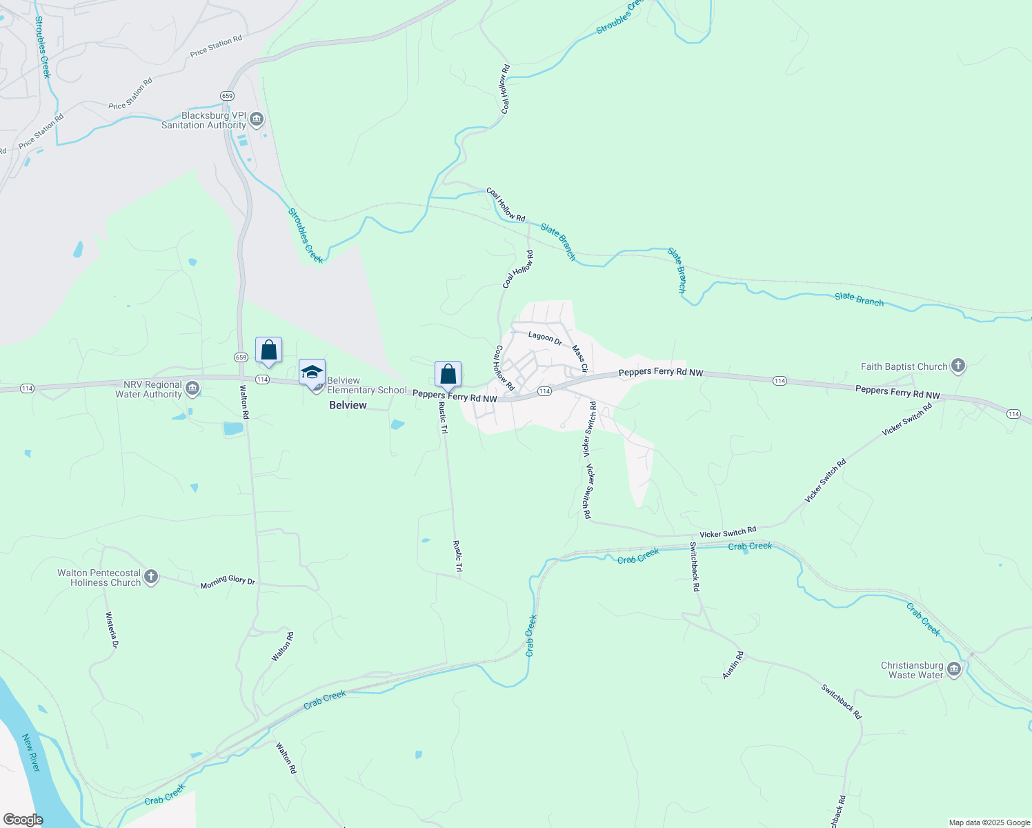 map of restaurants, bars, coffee shops, grocery stores, and more near 2913 Peppers Ferry Road Northwest in Christiansburg