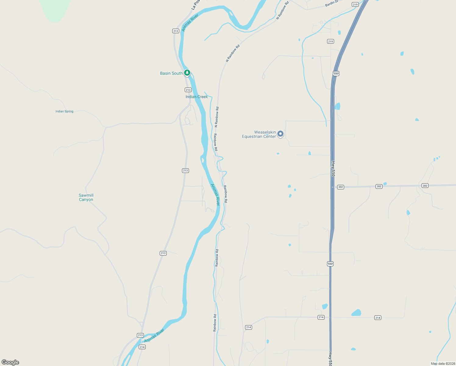 map of restaurants, bars, coffee shops, grocery stores, and more near 1084-1192 Rainbow Road in Durango