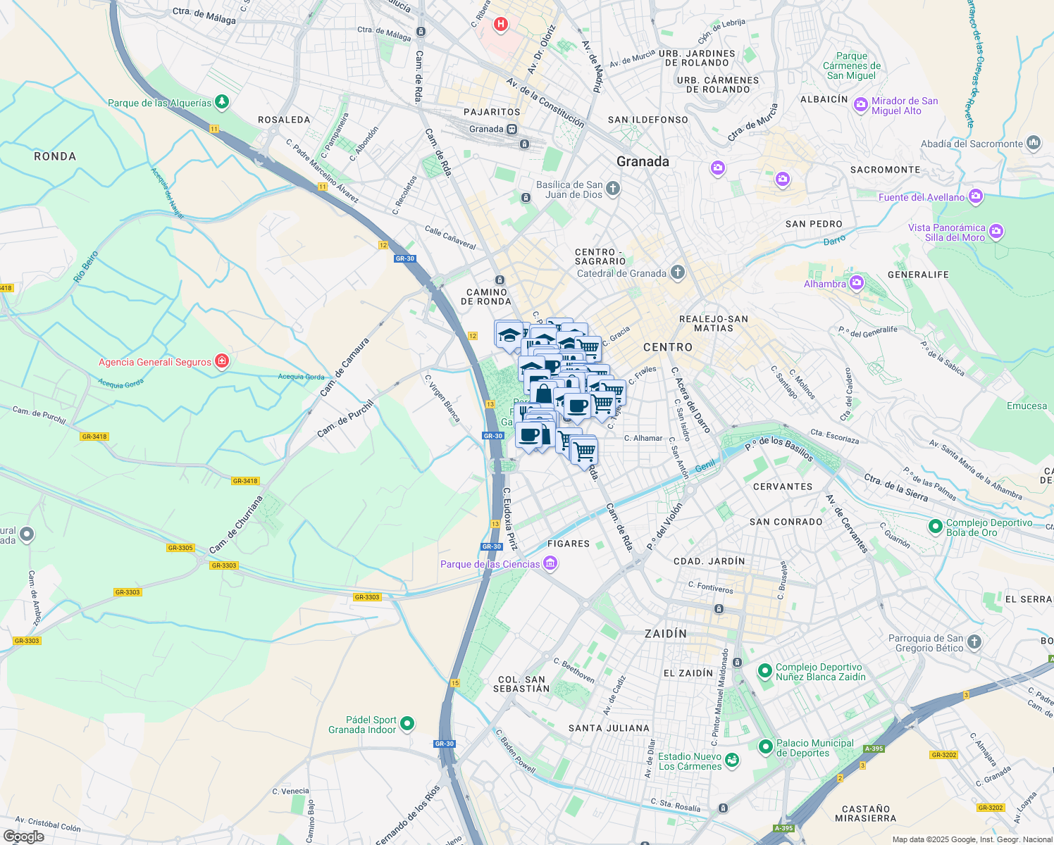 map of restaurants, bars, coffee shops, grocery stores, and more near Calle Virgen Blanca in Granada