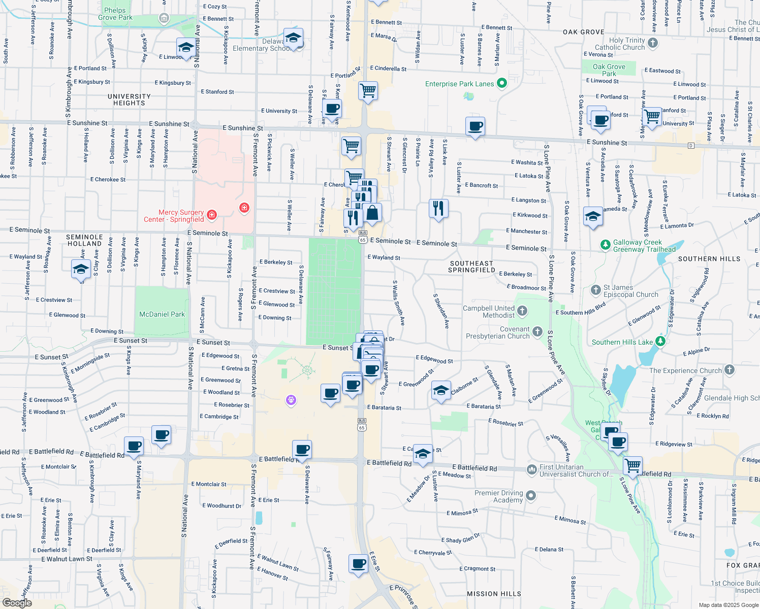 map of restaurants, bars, coffee shops, grocery stores, and more near 1840 E Crestview St in Springfield