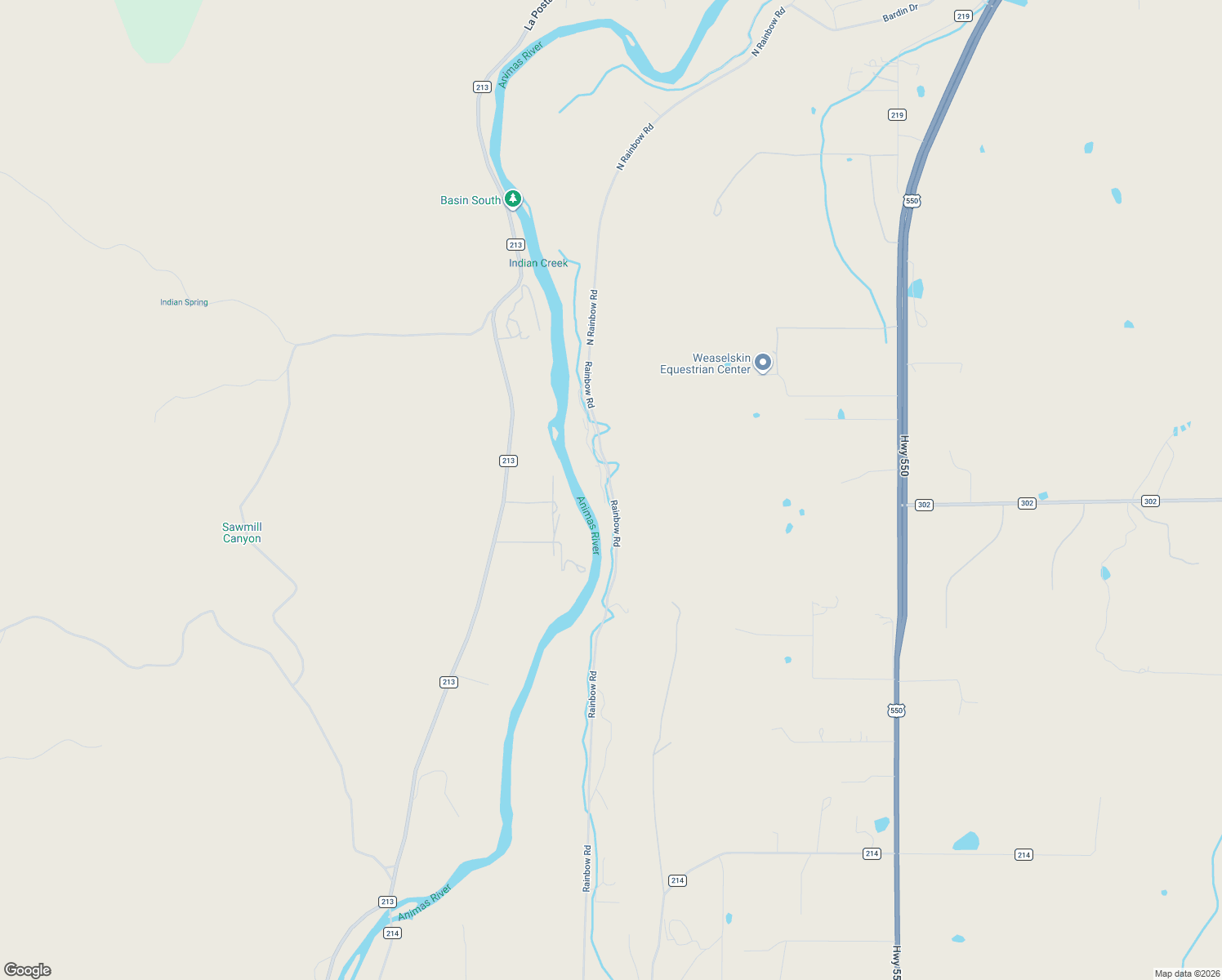 map of restaurants, bars, coffee shops, grocery stores, and more near 1084 Rainbow Road in Durango