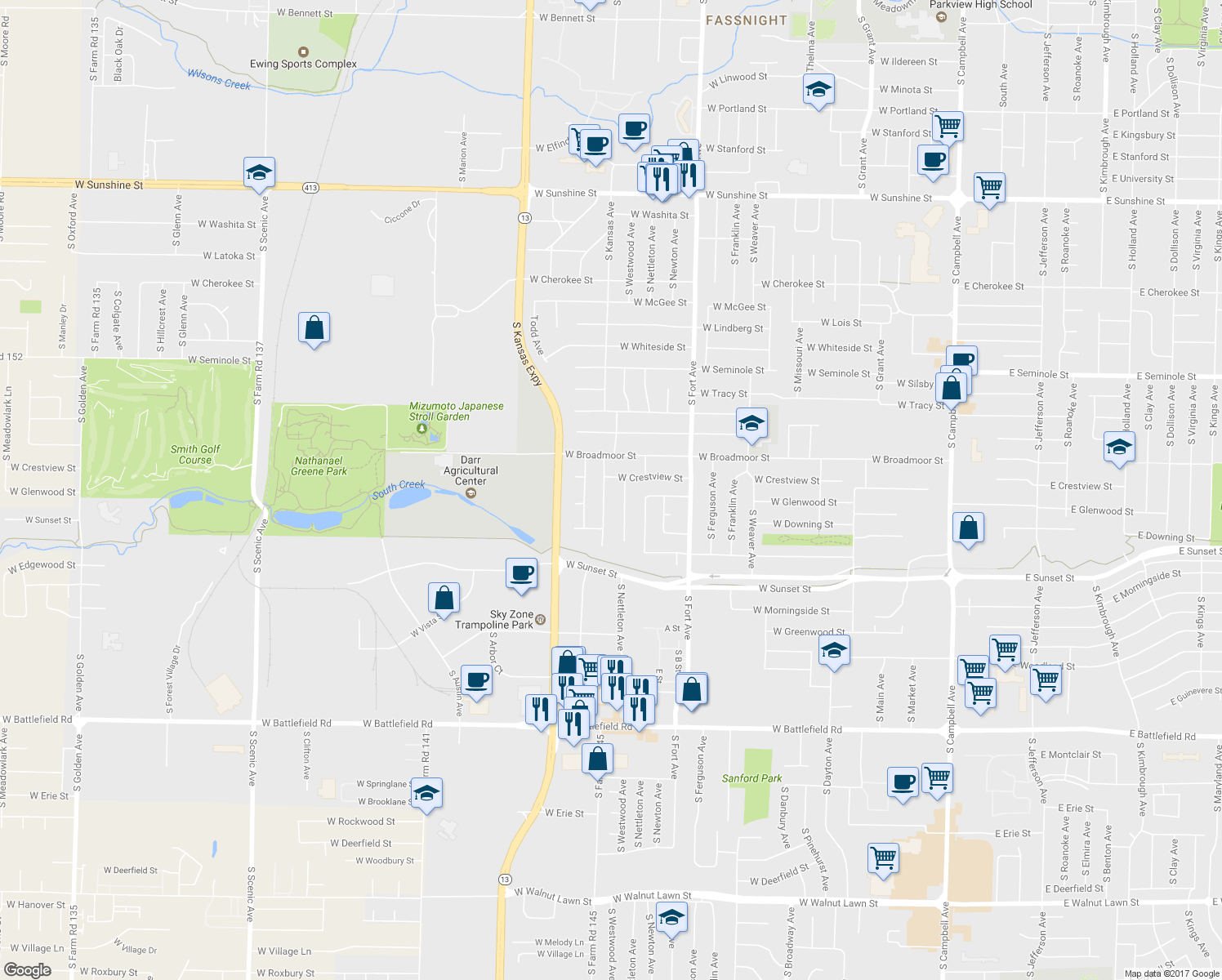 map of restaurants, bars, coffee shops, grocery stores, and more near 2454 South Westwood Avenue in Springfield