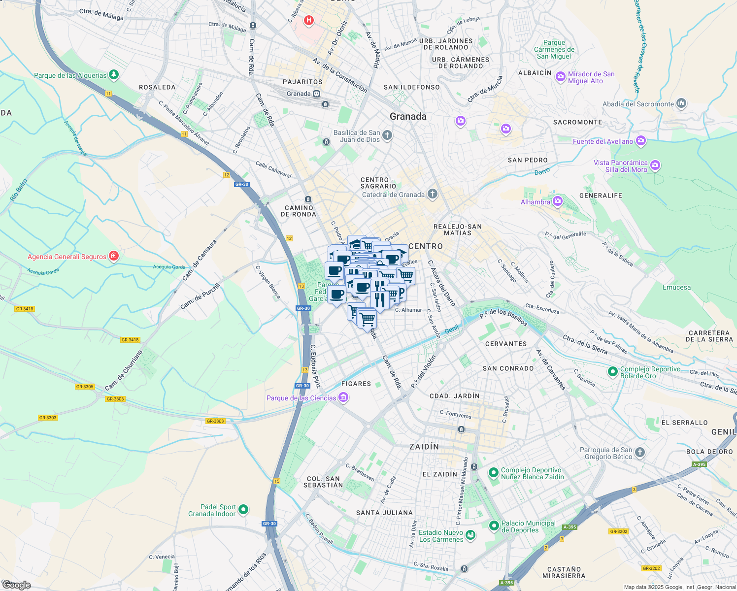 map of restaurants, bars, coffee shops, grocery stores, and more near 15 Calle Pedro Antonio de Alarcón in Granada