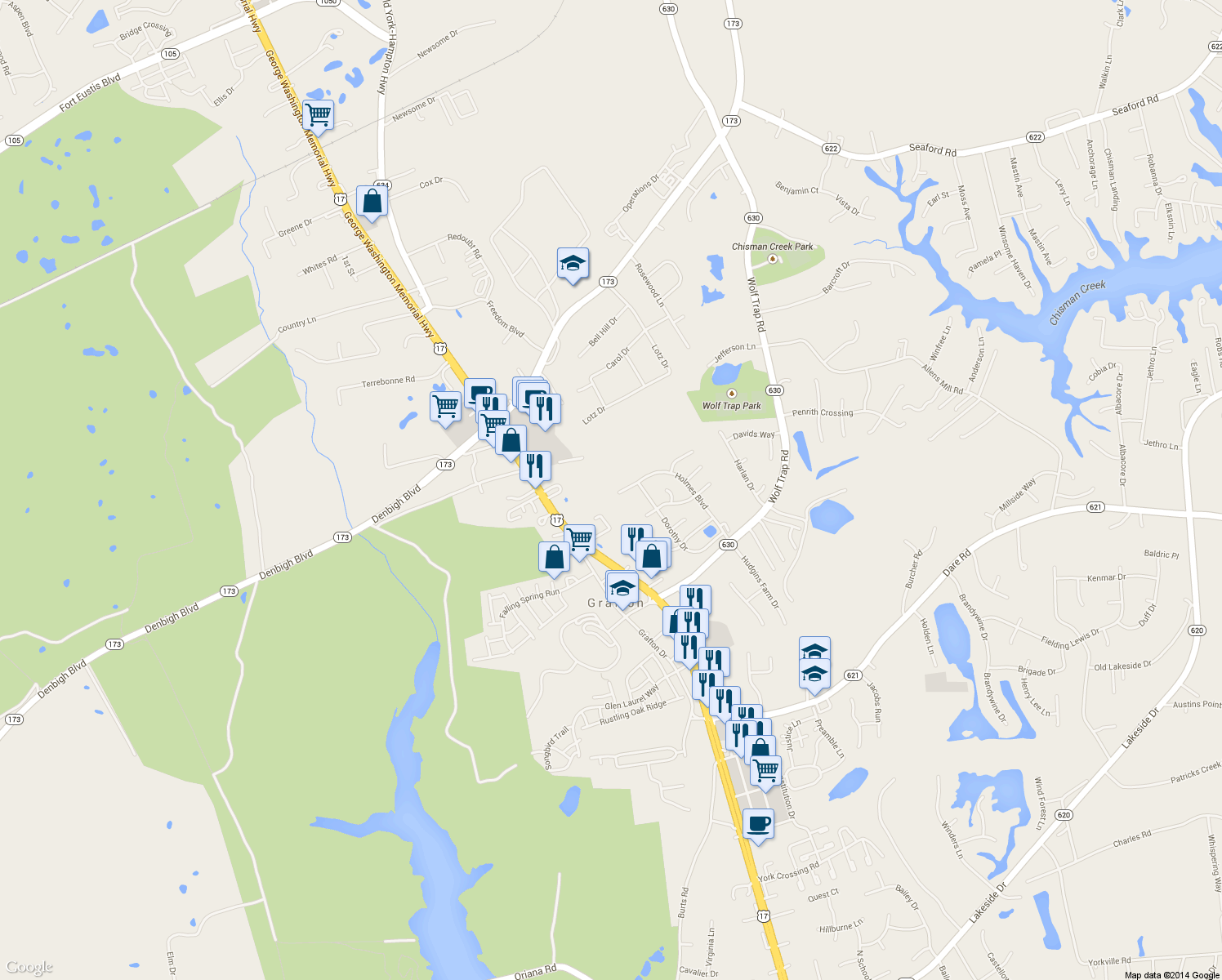 map of restaurants, bars, coffee shops, grocery stores, and more near 614 Holmes Boulevard in Yorktown